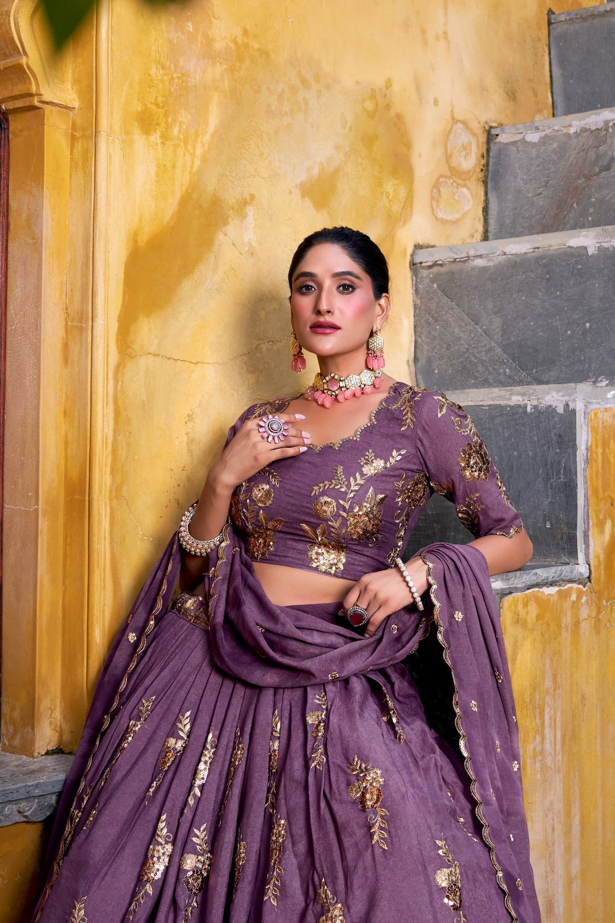 Mauve Gold Floral Embroidered Chocolate Crush Lehenga Choli Set