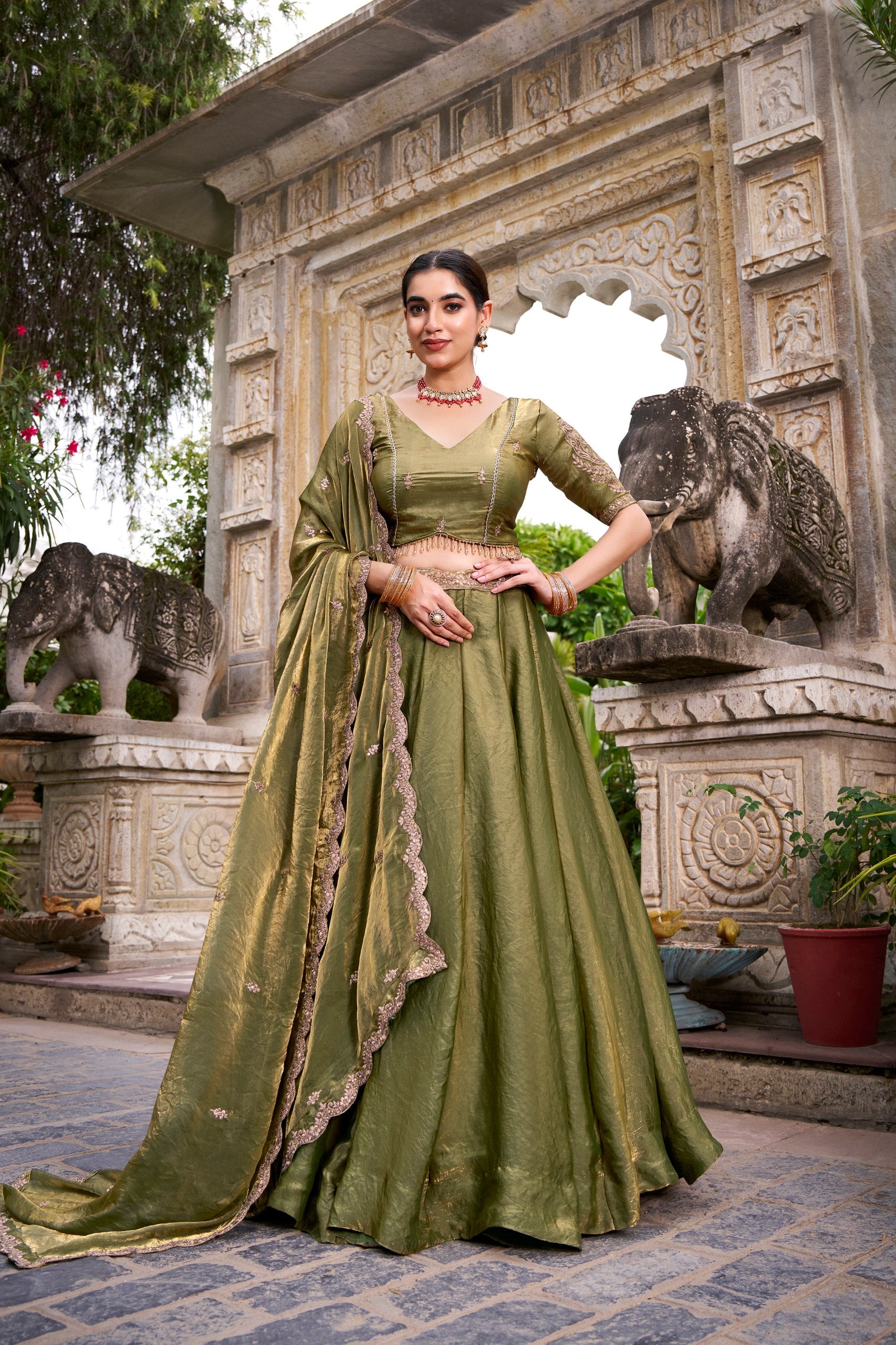 Mehndi Sequin Embroidered Fendi Lehenga Choli Set