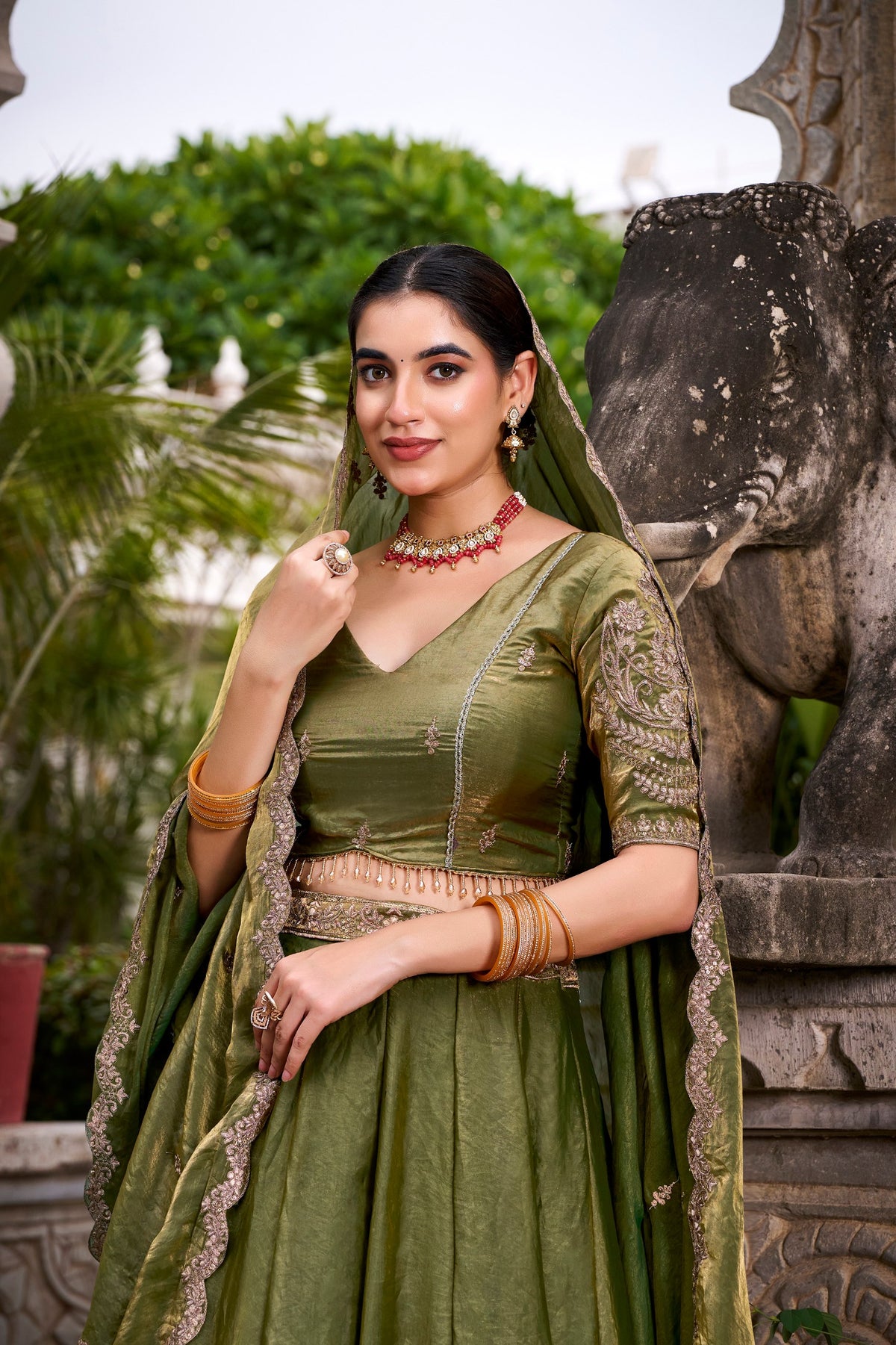 Mehndi Sequin Embroidered Fendi Lehenga Choli Set