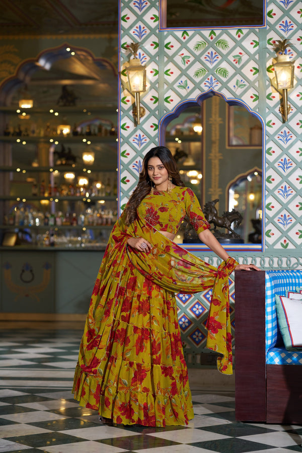 Mustard Floral Printed Marble Lehenga Choli Set with Handwork Blouse