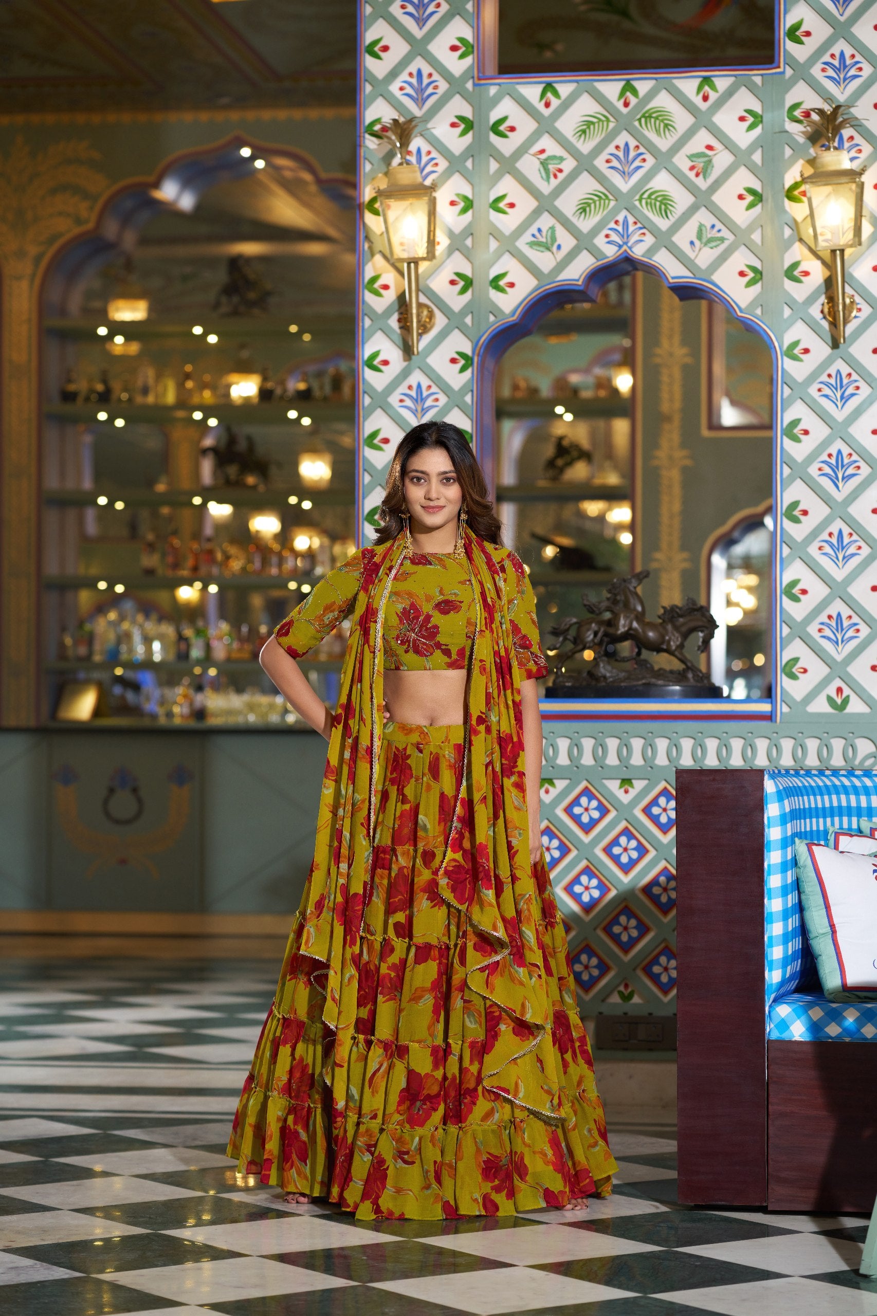 Mustard Floral Printed Marble Lehenga Choli Set with Handwork Blouse