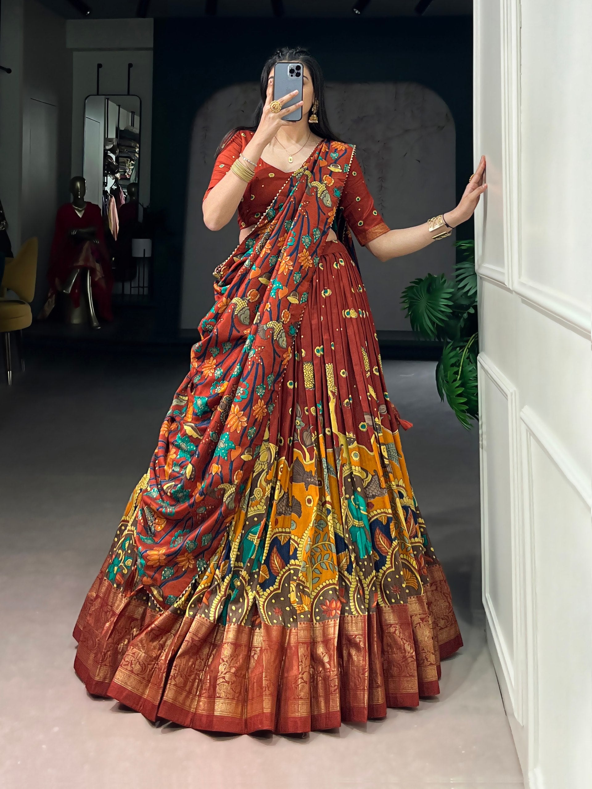 Mustard Kalamkari Printed Silk Lehenga Choli Set with Tassel Dupatta
