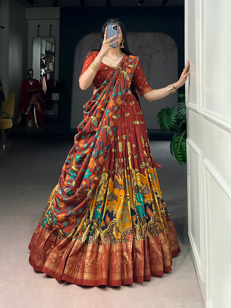 Mustard Kalamkari Printed Silk Lehenga Choli Set with Tassel Dupatta