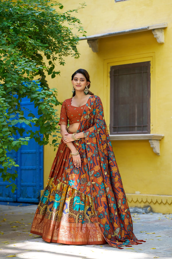 Mustard Kalamkari Printed Tasar Silk Lehenga Choli Set with Tassel Dupatta