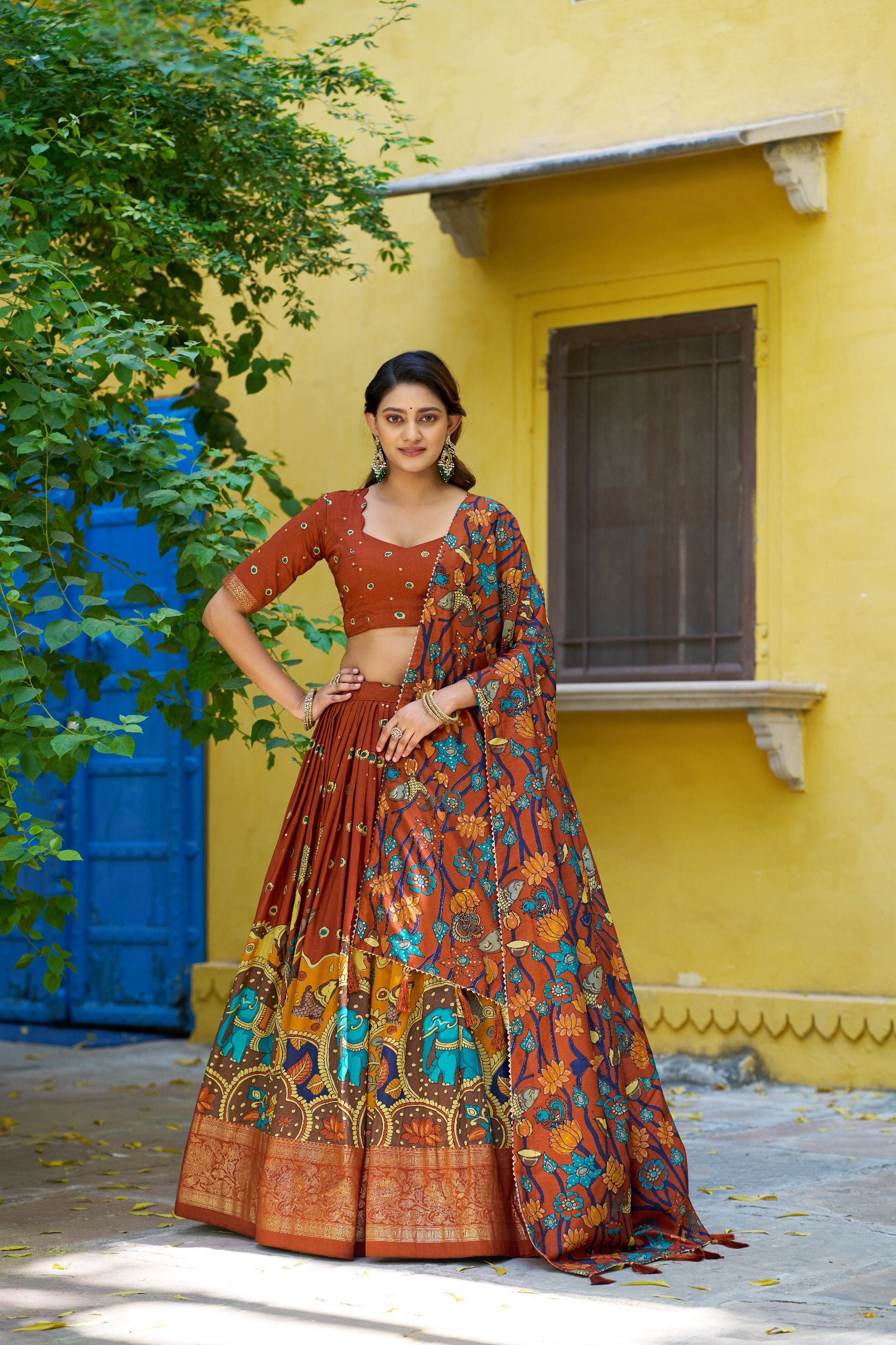 Mustard Kalamkari Printed Tasar Silk Lehenga Choli Set with Tassel Dupatta