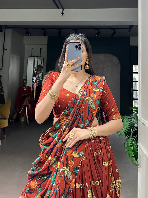 Mustard Kalamkari Printed Silk Lehenga Choli Set with Tassel Dupatta