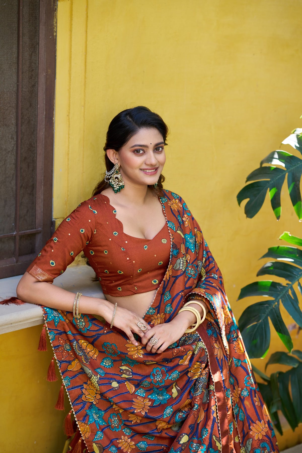 Mustard Kalamkari Printed Tasar Silk Lehenga Choli Set with Tassel Dupatta