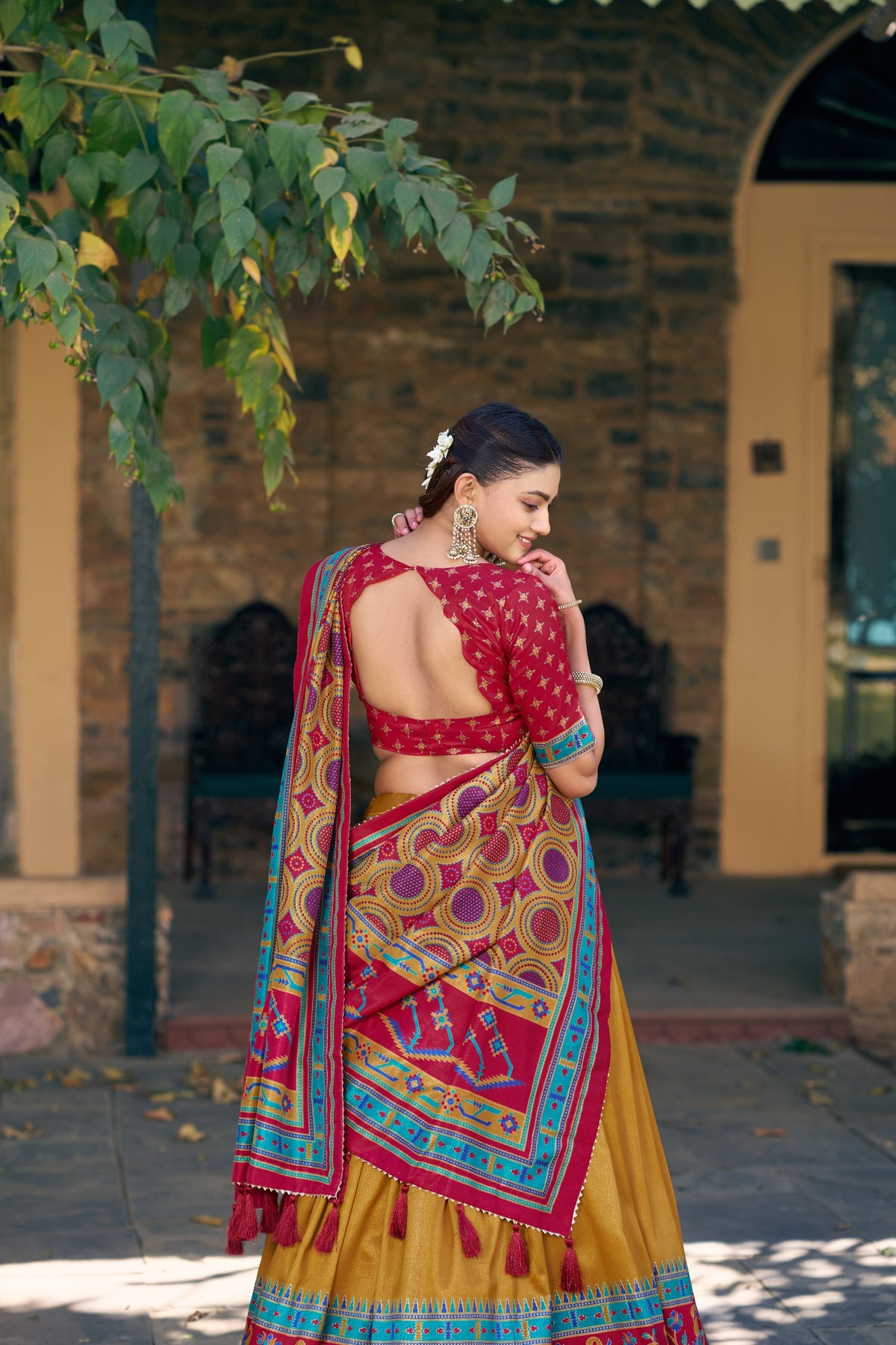 Mustard Tasar Silk Lehenga Choli Set with Printed Tassel Dupatta