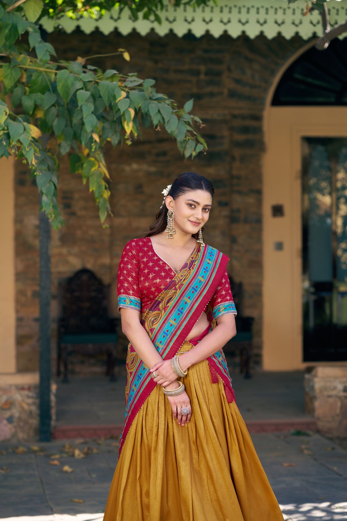 Mustard Tasar Silk Lehenga Choli Set with Printed Tassel Dupatta
