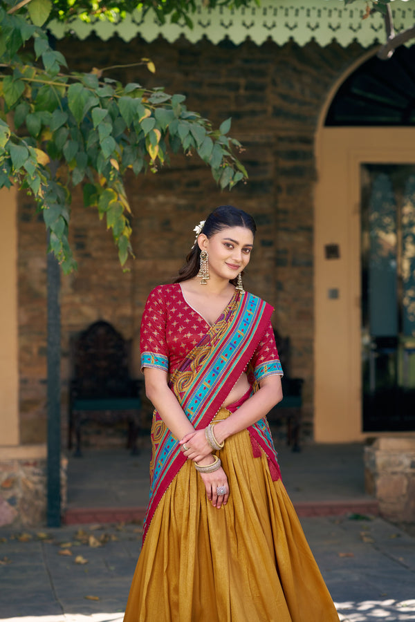 Mustard Tasar Silk Lehenga Choli Set with Printed Tassel Dupatta