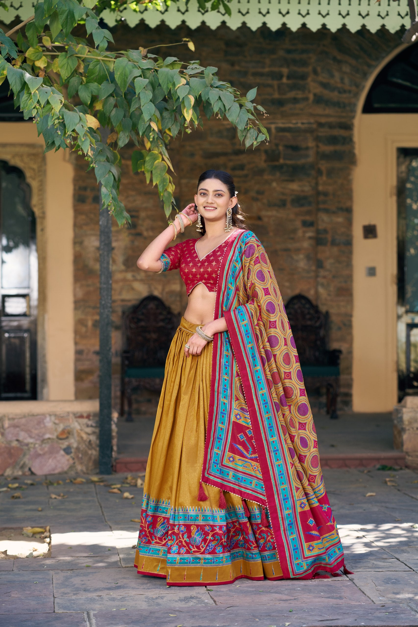 Mustard Tasar Silk Lehenga Choli Set with Printed Tassel Dupatta