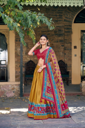 Mustard Tasar Silk Lehenga Choli Set with Printed Tassel Dupatta