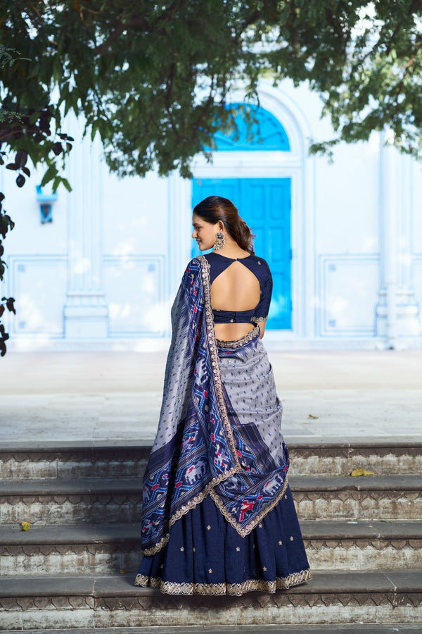 Navy Blue Embroidered Vichitra Silk Lehenga Choli Set with Ikkat Dupatta