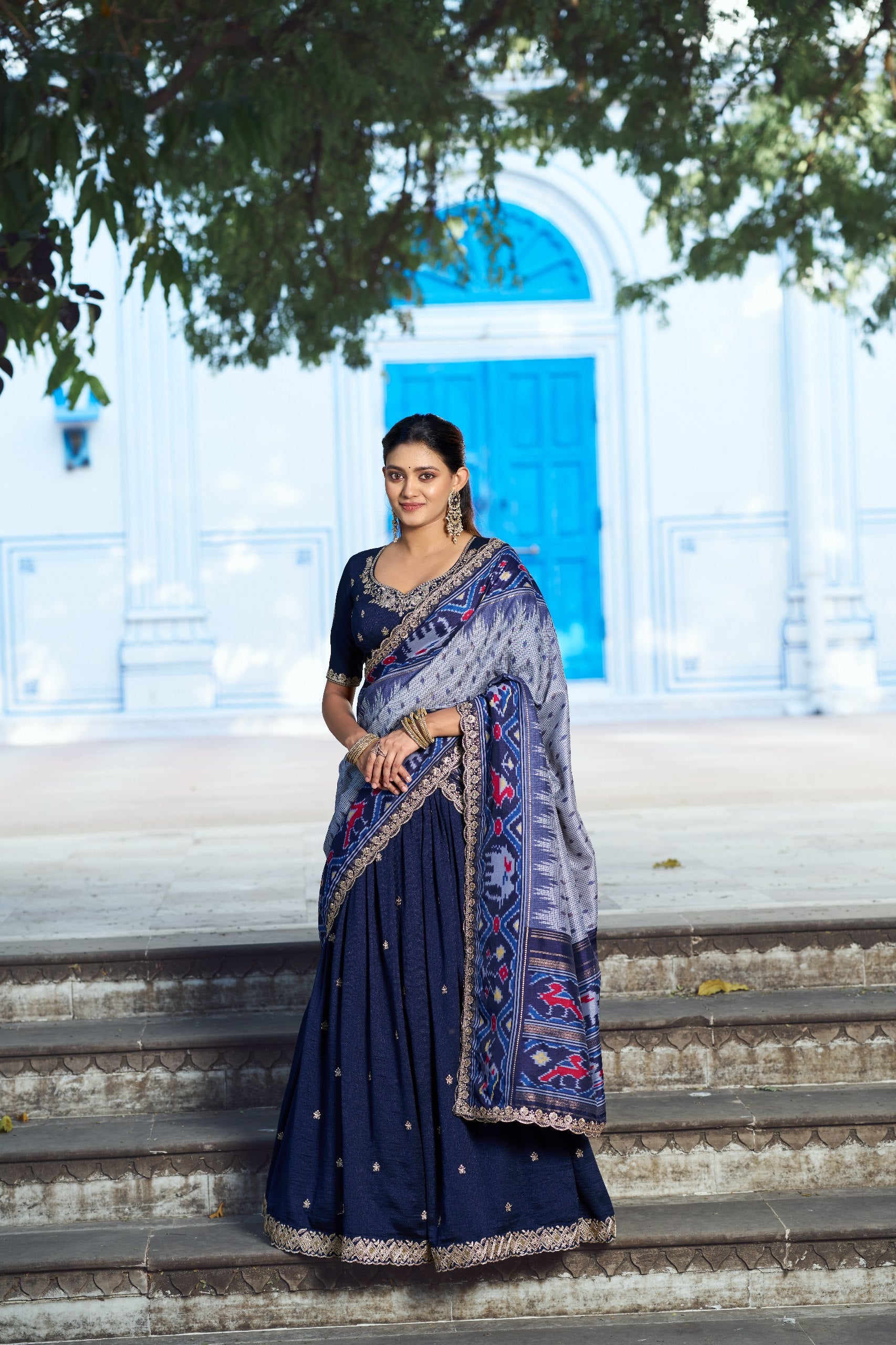 Navy Blue Embroidered Vichitra Silk Lehenga Choli Set with Ikkat Dupatta