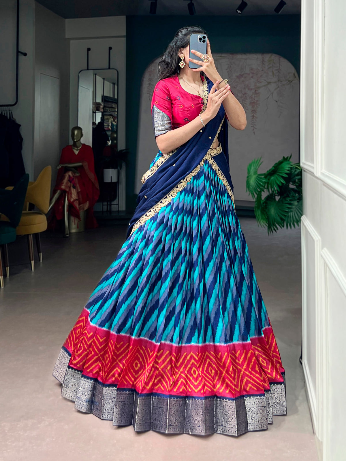 Navy Blue Leheriya Printed Tasar Silk Lehenga Choli Set with Embroidered Dupatta
