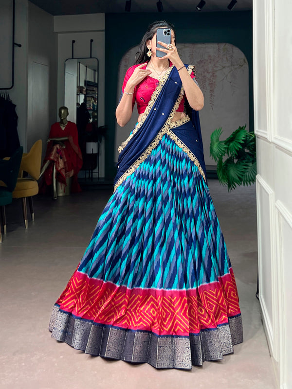 Navy Blue Leheriya Printed Tasar Silk Lehenga Choli Set with Embroidered Dupatta