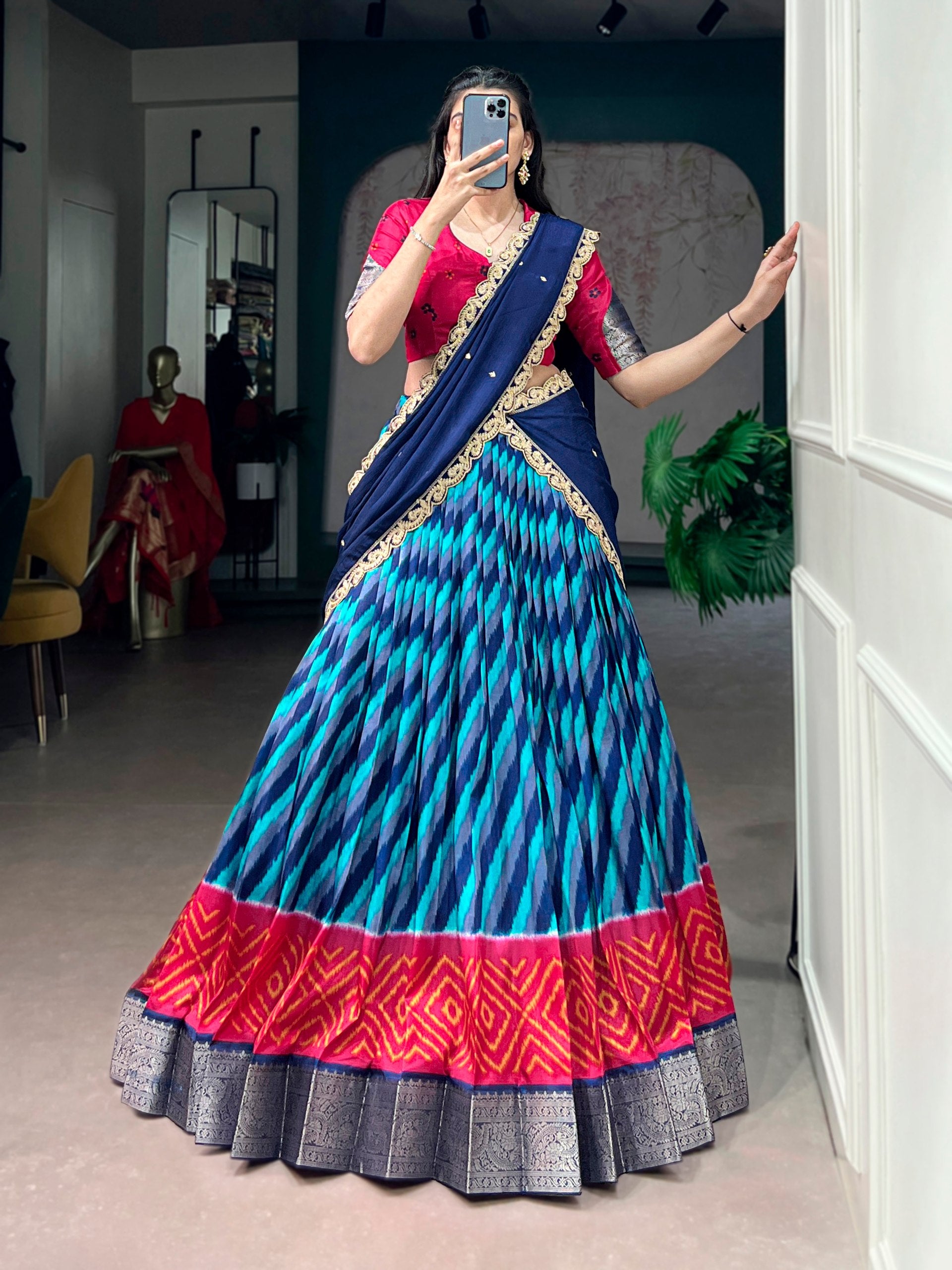 Navy Blue Leheriya Printed Tasar Silk Lehenga Choli Set with Embroidered Dupatta