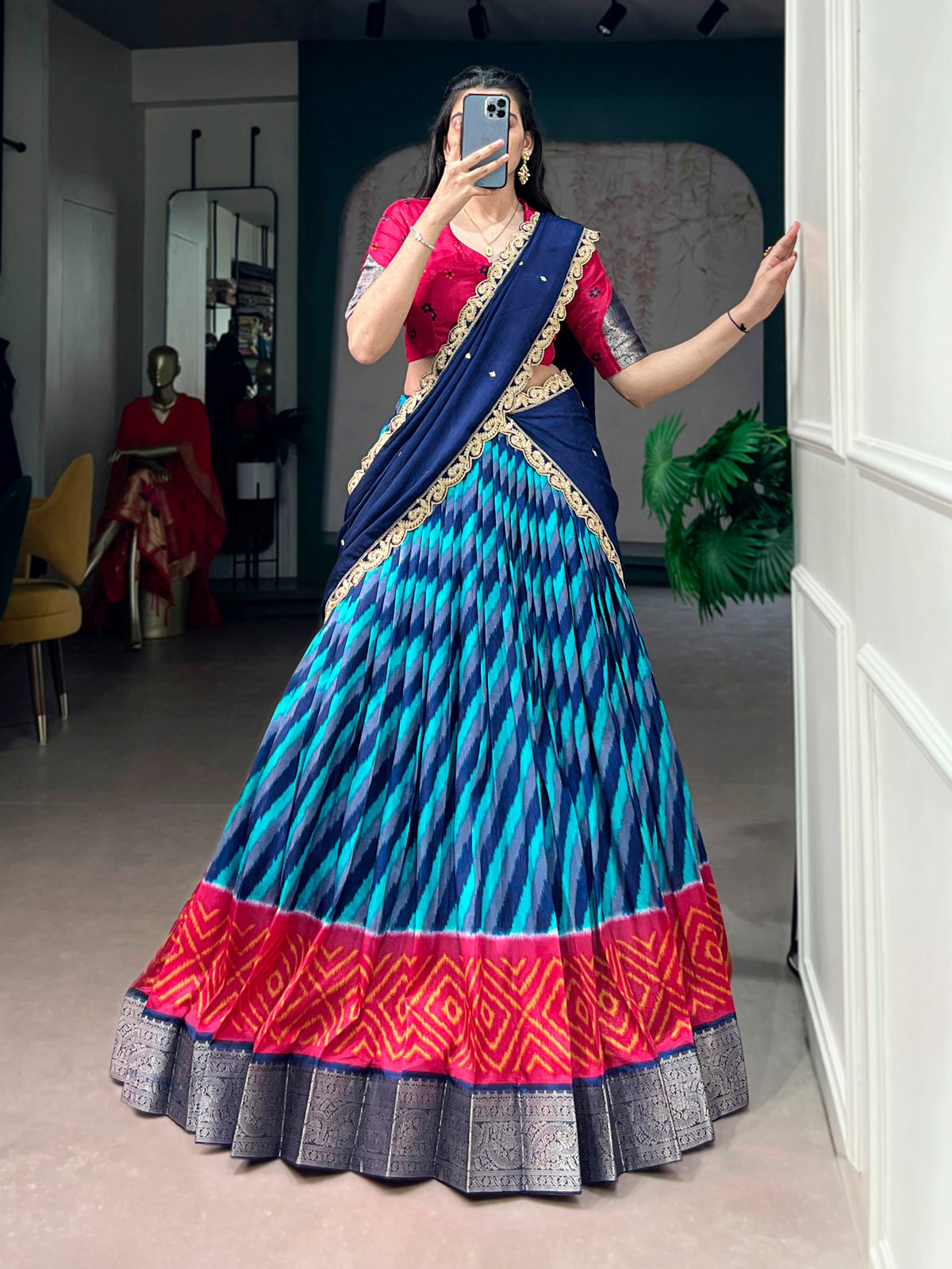 Navy Blue Leheriya Printed Tasar Silk Lehenga Choli Set with Embroidered Dupatta