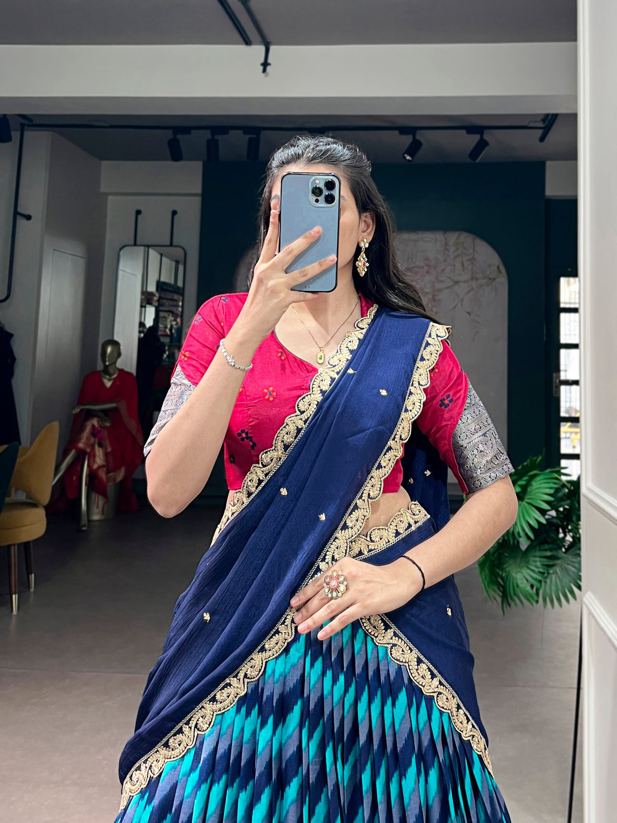 Navy Blue Leheriya Printed Tasar Silk Lehenga Choli Set with Embroidered Dupatta