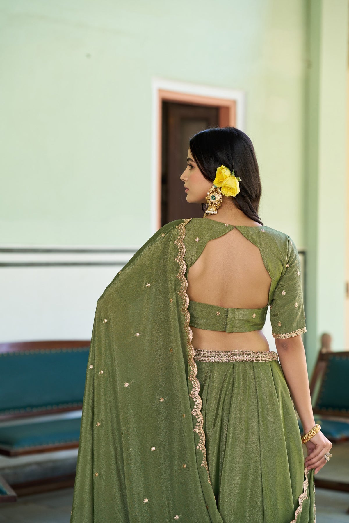 Olive Green Sequin Embroidered Chinon Lehenga Choli Set