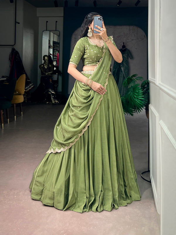Olive Green Embroidered Chinon Lehenga Choli Set with Scalloped Dupatta
