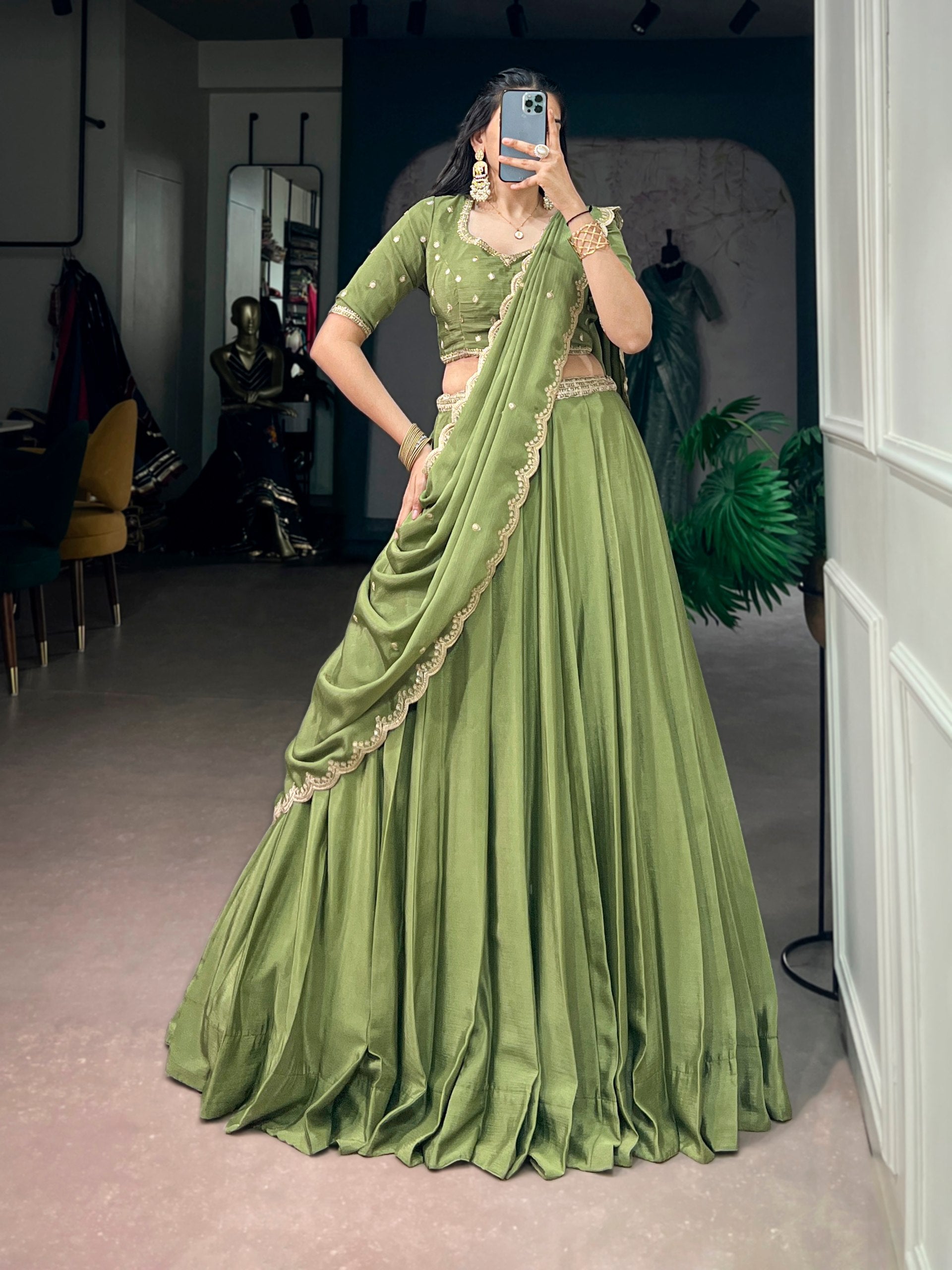 Olive Green Embroidered Chinon Lehenga Choli Set with Scalloped Dupatta