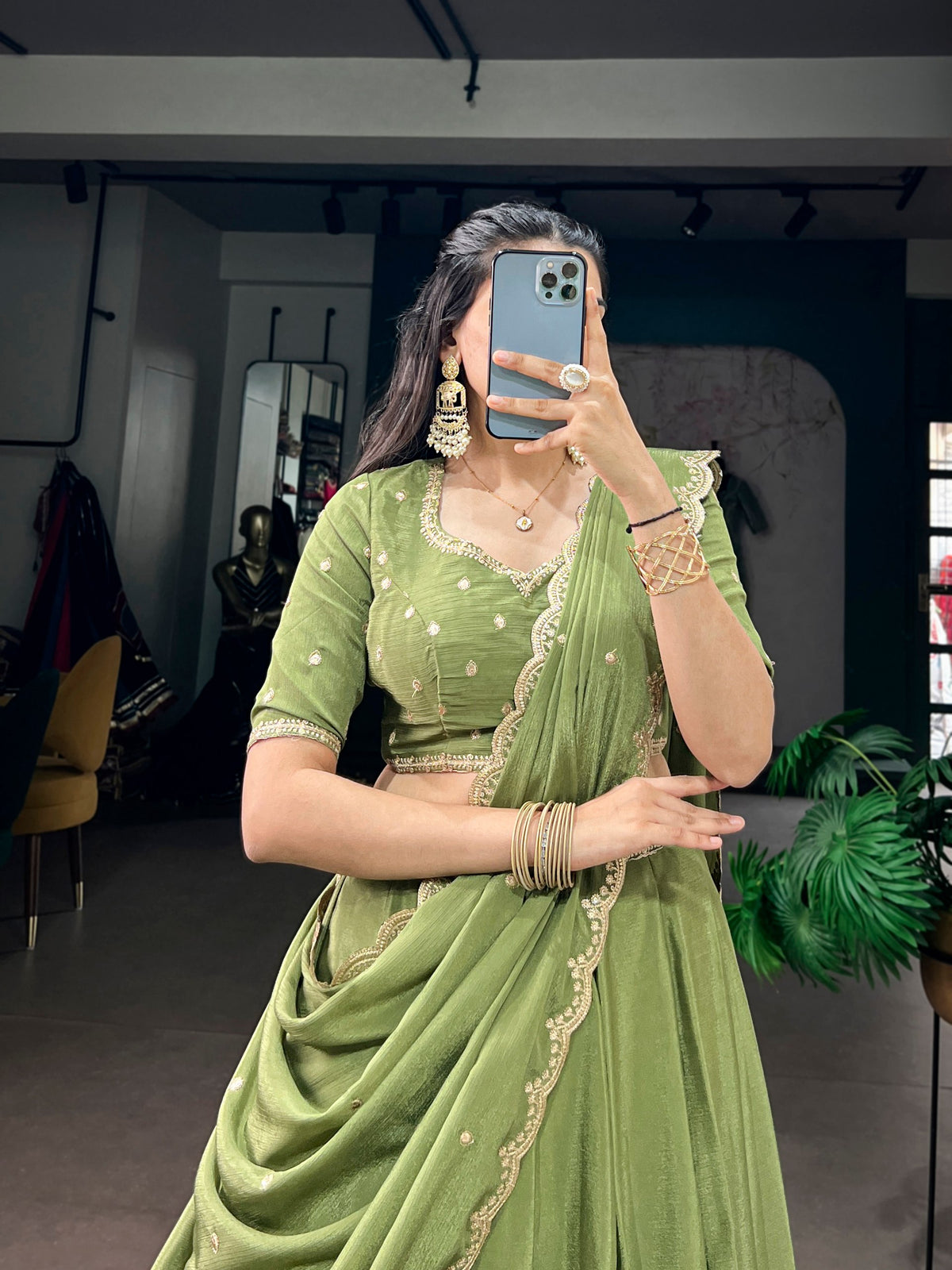 Olive Green Embroidered Chinon Lehenga Choli Set with Scalloped Dupatta