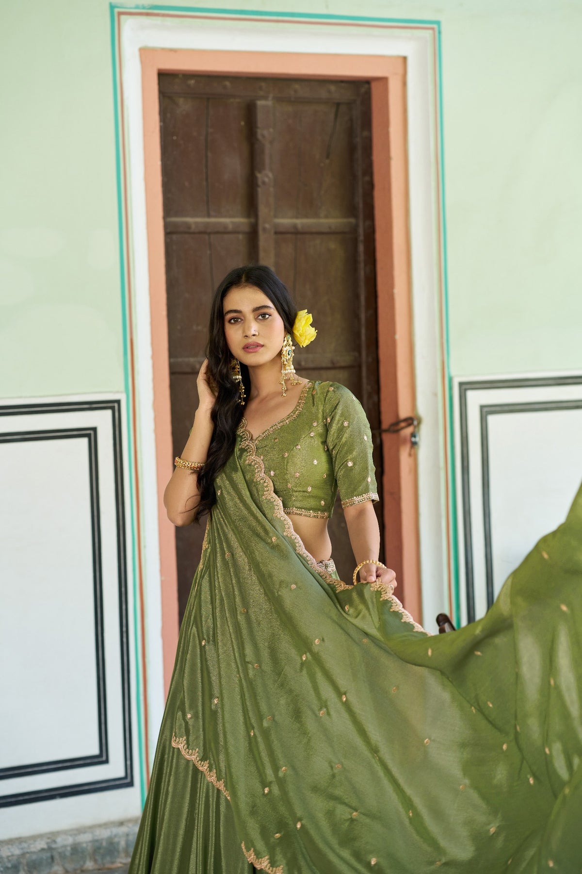 Olive Green Sequin Embroidered Chinon Lehenga Choli Set