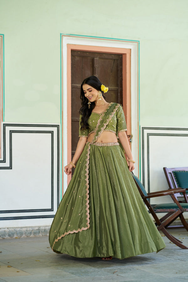 Olive Green Sequin Embroidered Chinon Lehenga Choli Set