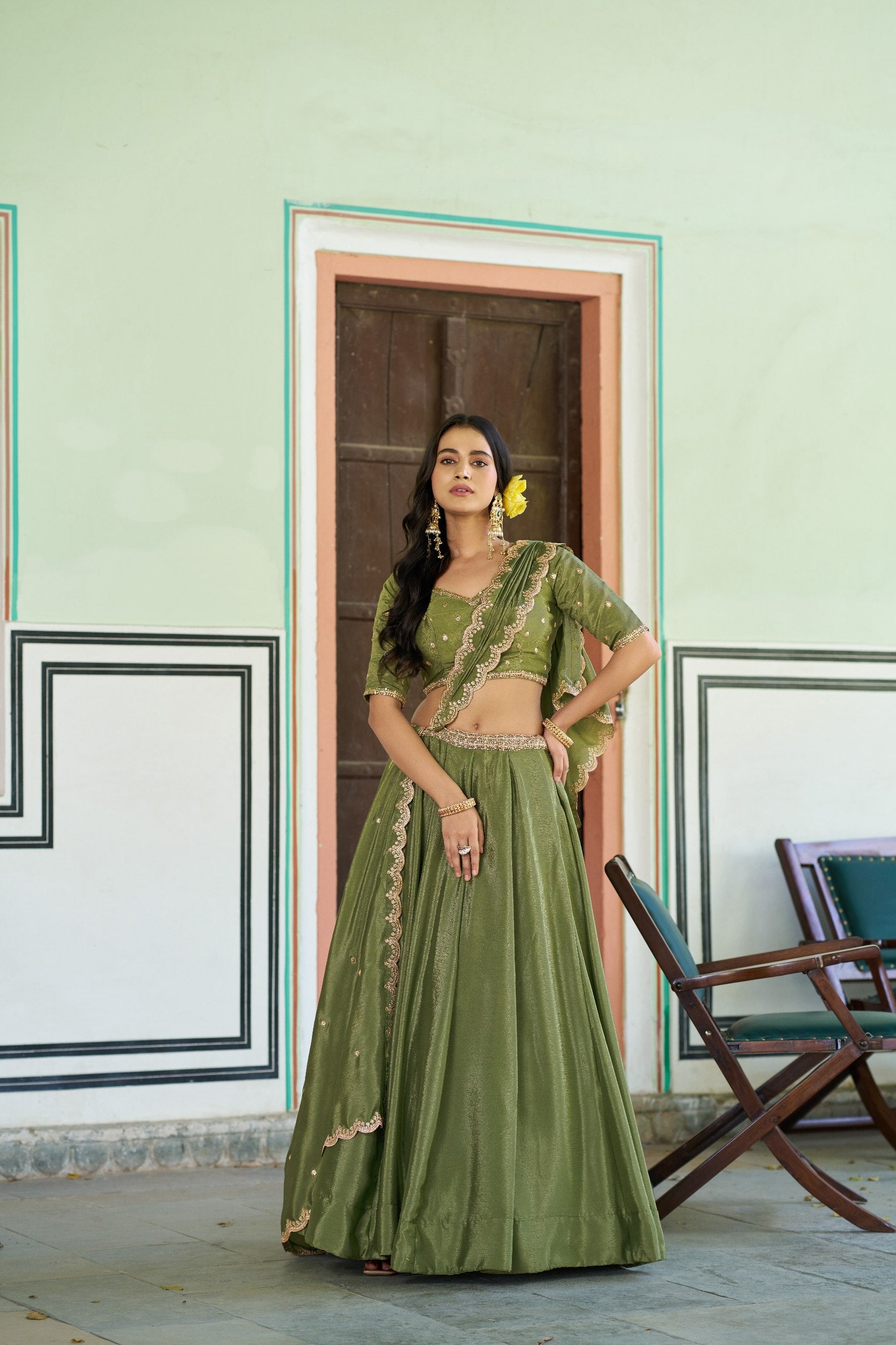 Olive Green Sequin Embroidered Chinon Lehenga Choli Set