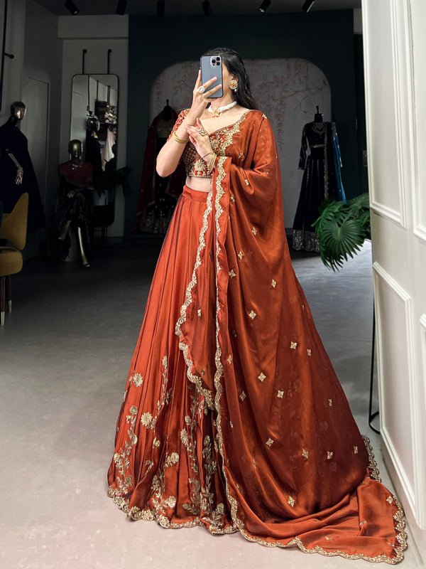 Orange Floral Embroidered Rangoli Silk Lehenga Choli Set