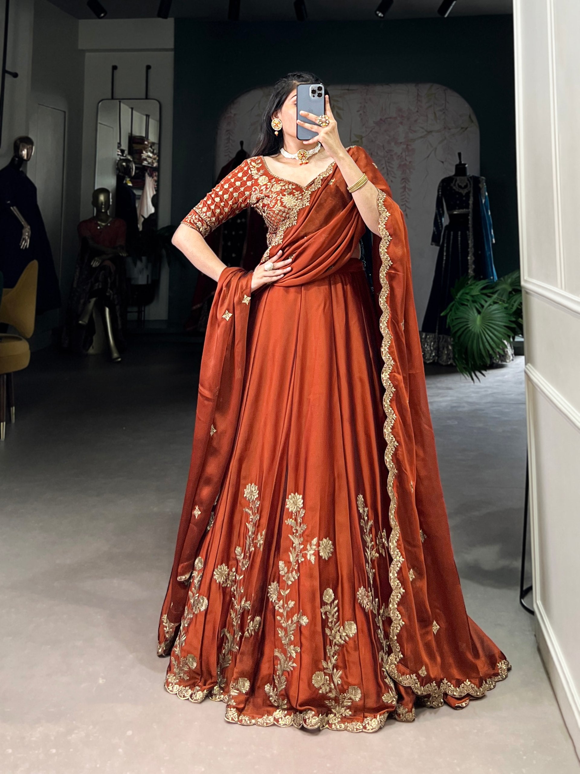 Orange Floral Embroidered Rangoli Silk Lehenga Choli Set