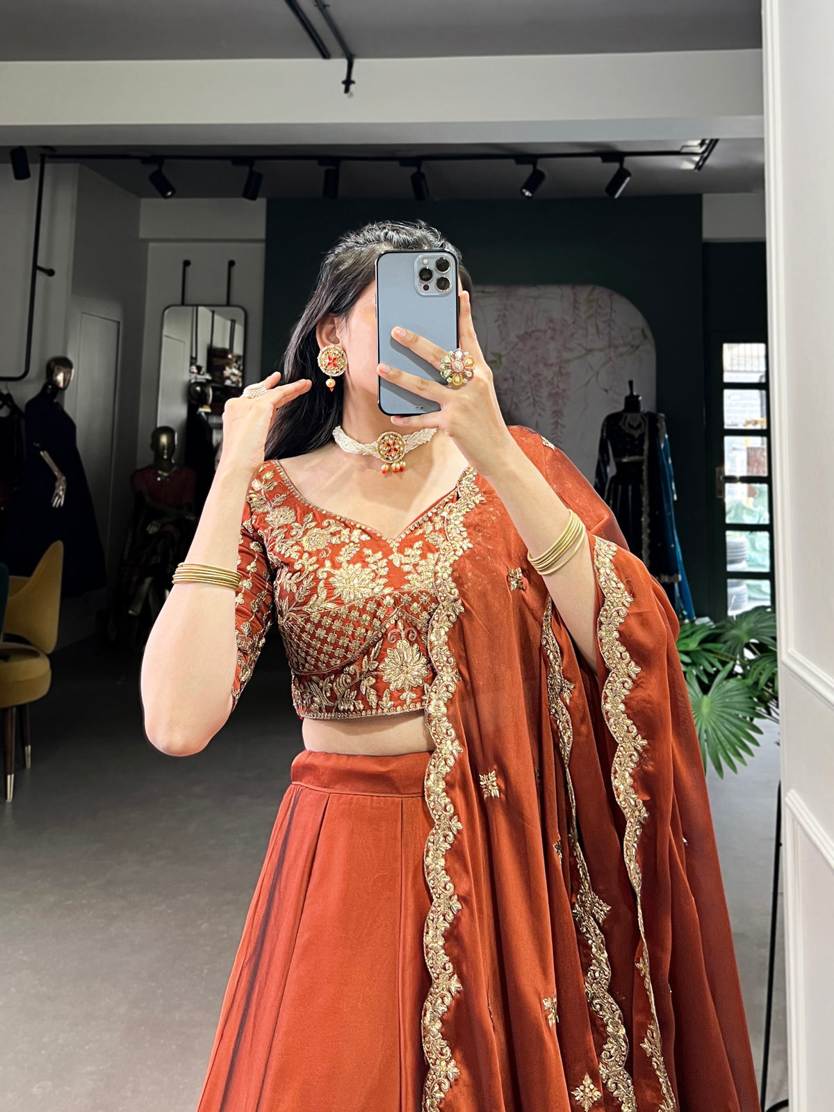 Orange Floral Embroidered Rangoli Silk Lehenga Choli Set