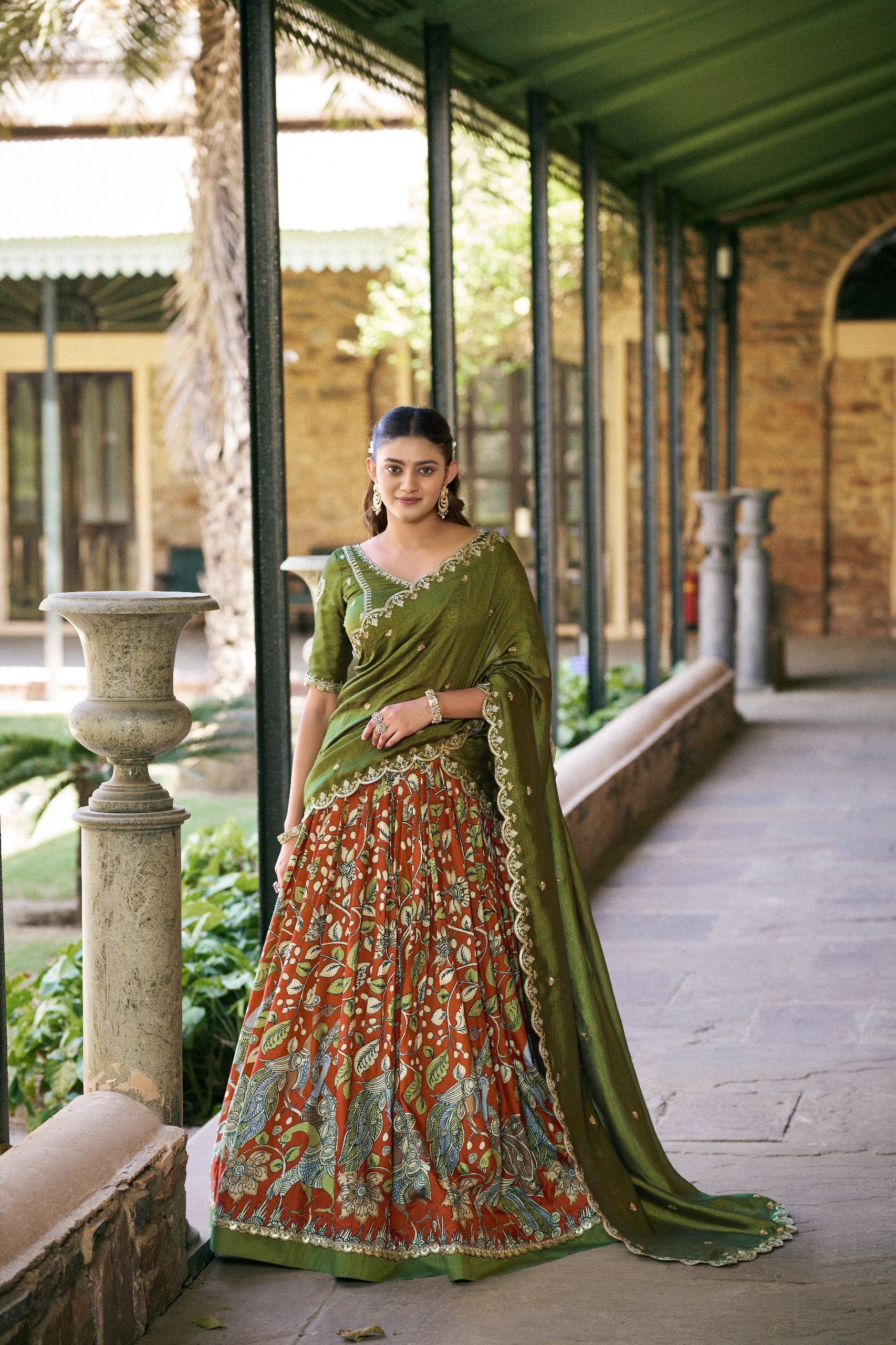 Orange Kalamkari Printed Tasar Silk Lehenga Choli Set with Embroidered Dupatta