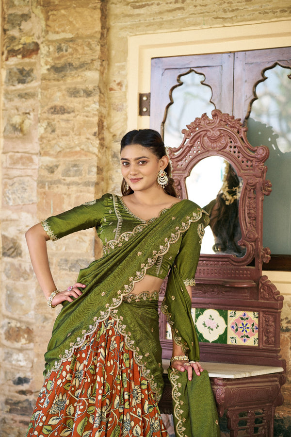 Orange Kalamkari Printed Tasar Silk Lehenga Choli Set with Embroidered Dupatta
