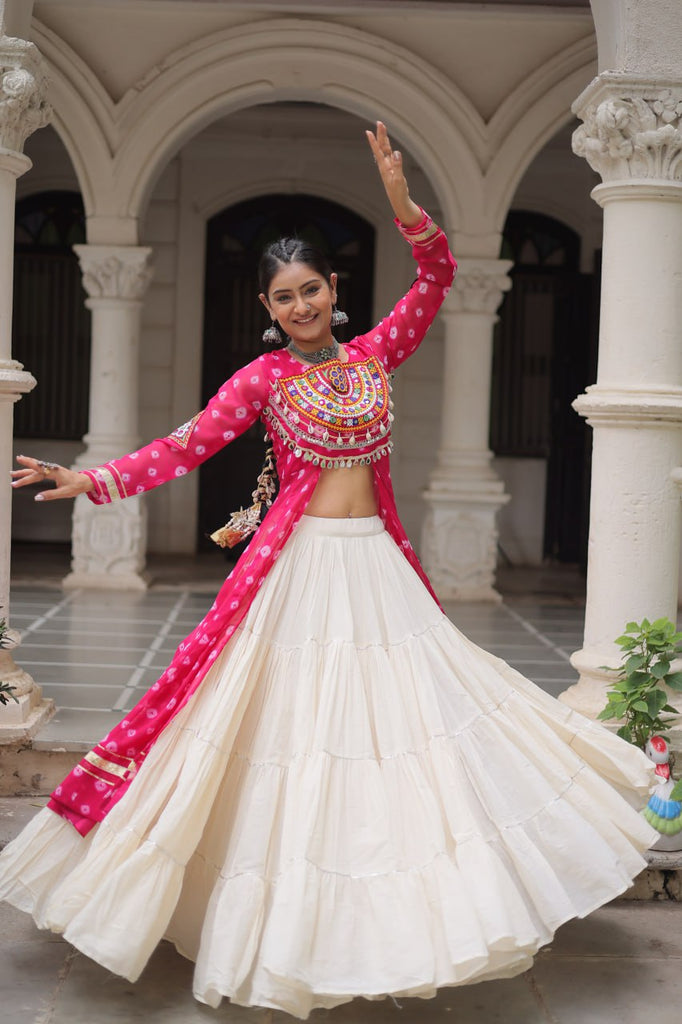Designer Kora Cotton Lehenga with Bandhani Print Faux Georgette Kurti