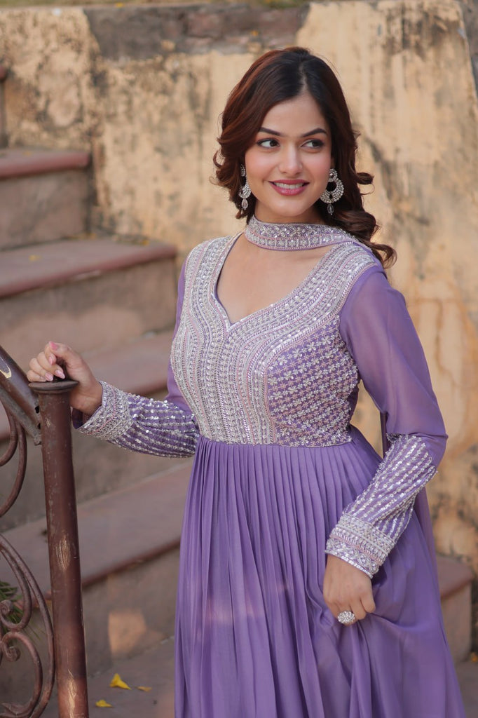 Star Georgette Embroidered Gown with Dupatta – Beads & Sequins Work, Pan Neck