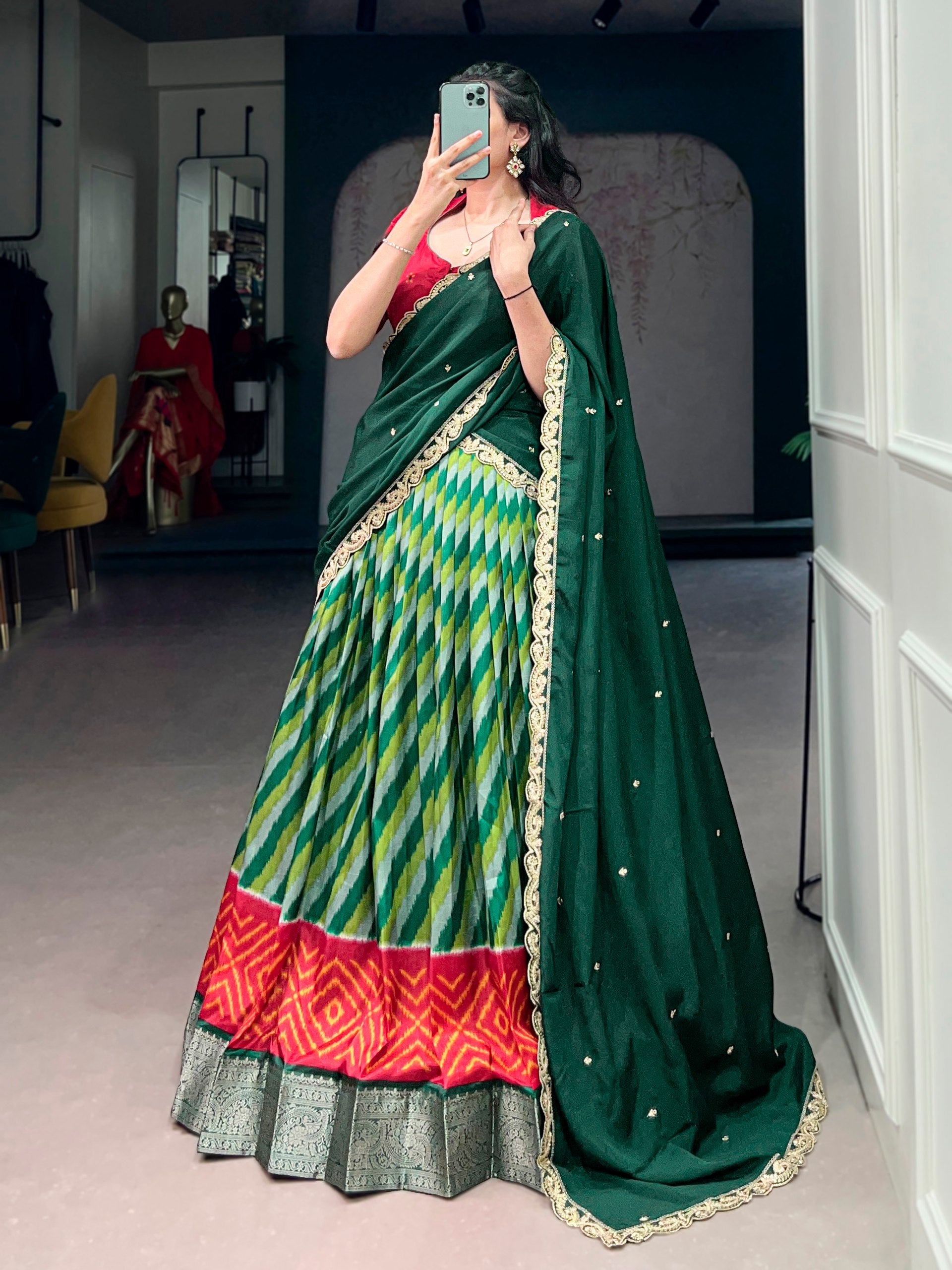 Parrot Green Leheriya Printed Tasar Silk Lehenga Choli Set with Embroidered Dupatta