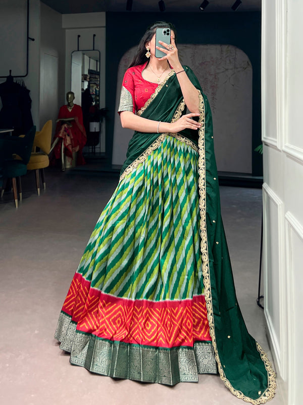 Parrot Green Leheriya Printed Tasar Silk Lehenga Choli Set with Embroidered Dupatta