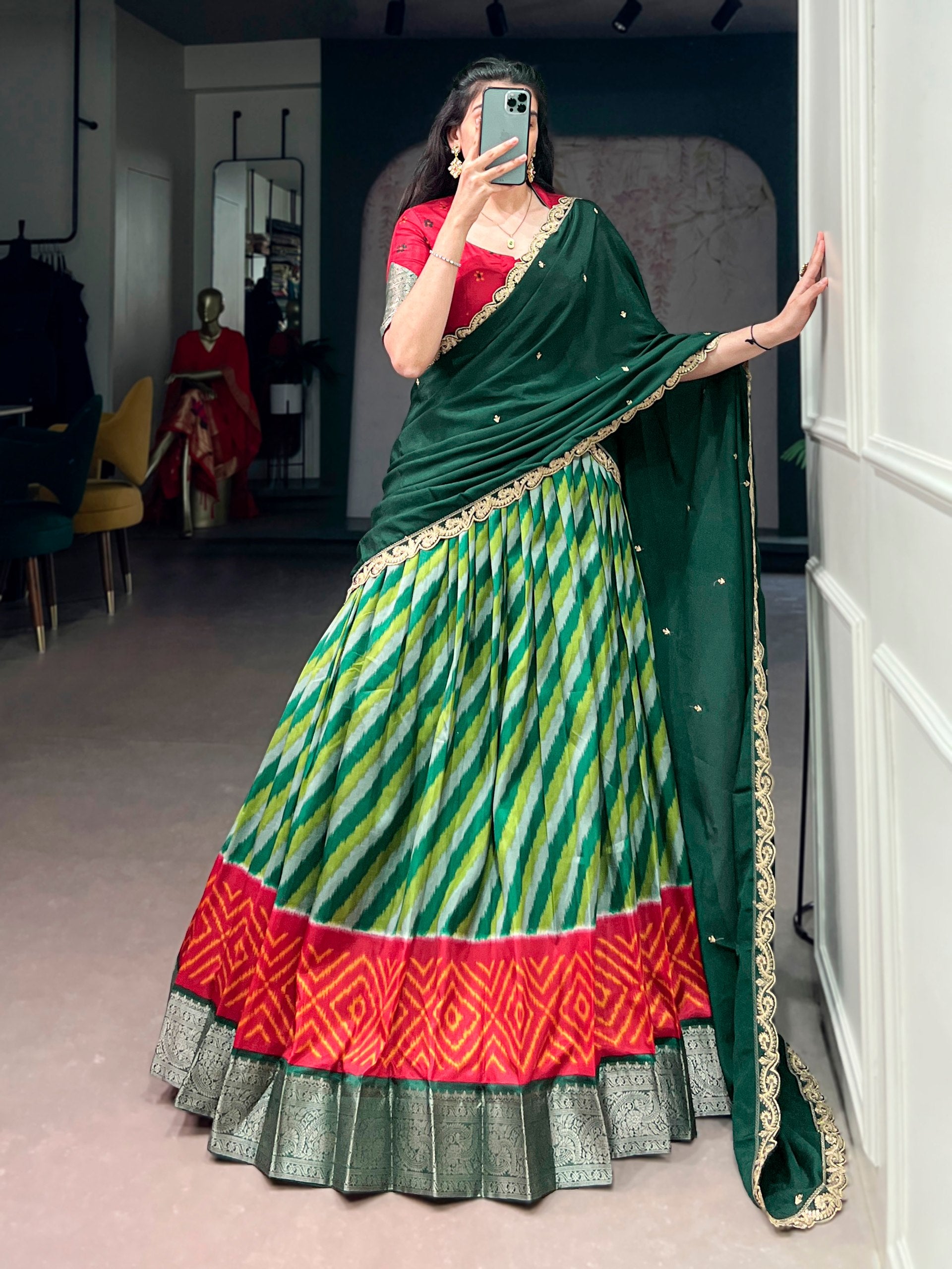 Parrot Green Leheriya Printed Tasar Silk Lehenga Choli Set with Embroidered Dupatta