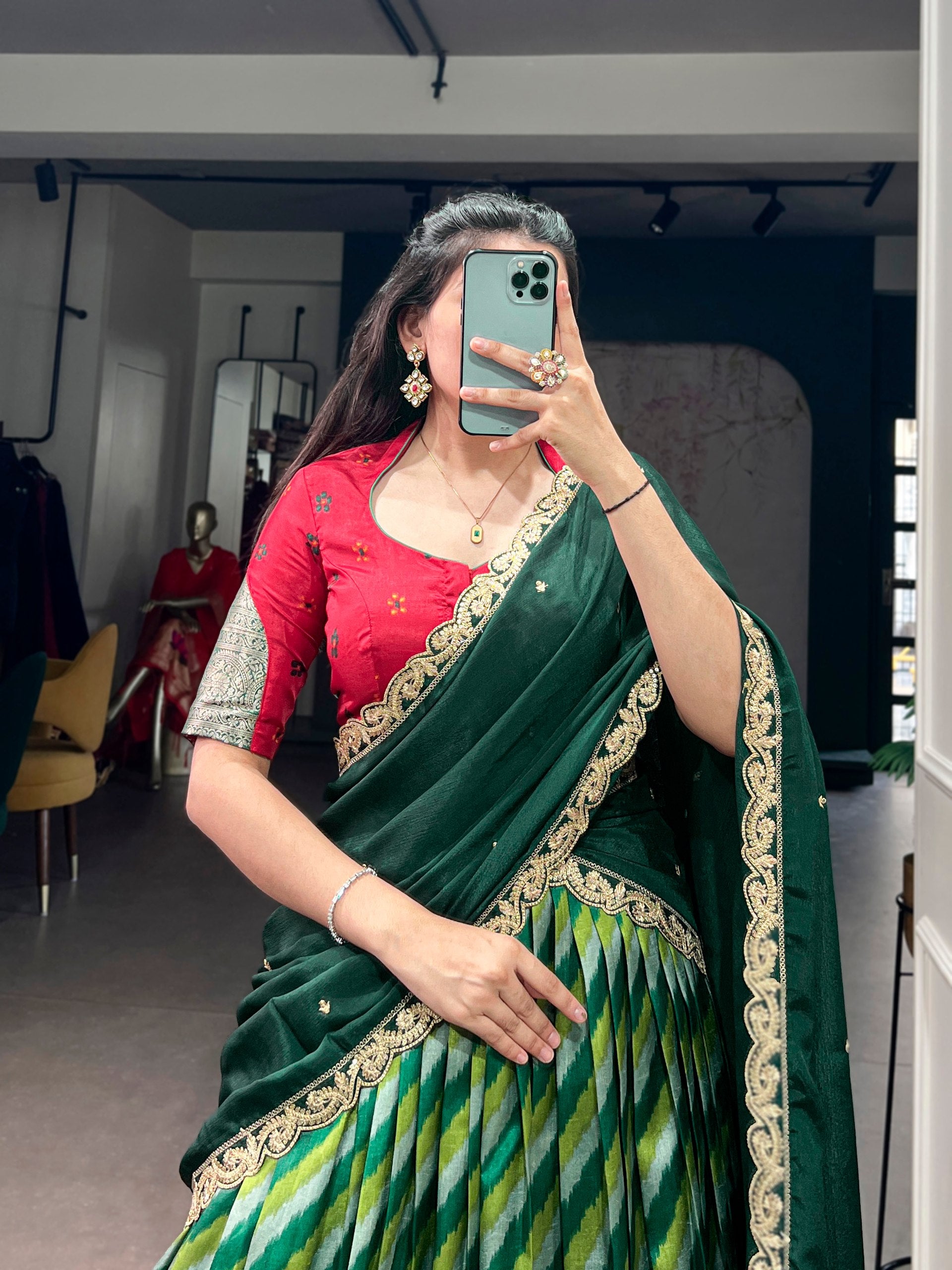 Parrot Green Leheriya Printed Tasar Silk Lehenga Choli Set with Embroidered Dupatta
