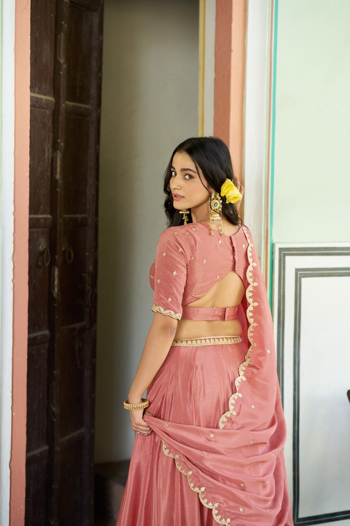 Peach Sequin Embroidered Chinon Lehenga Choli Set
