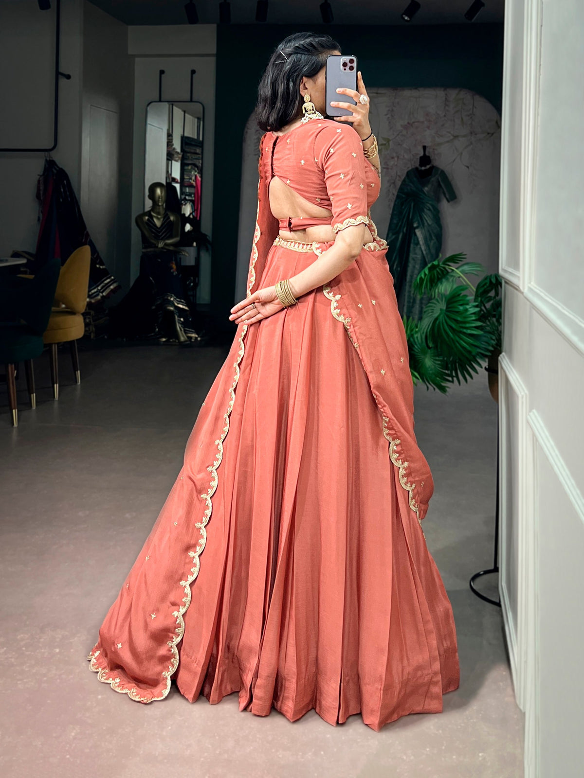 Peach Embroidered Chinon Lehenga Choli Set with Scalloped Dupatta