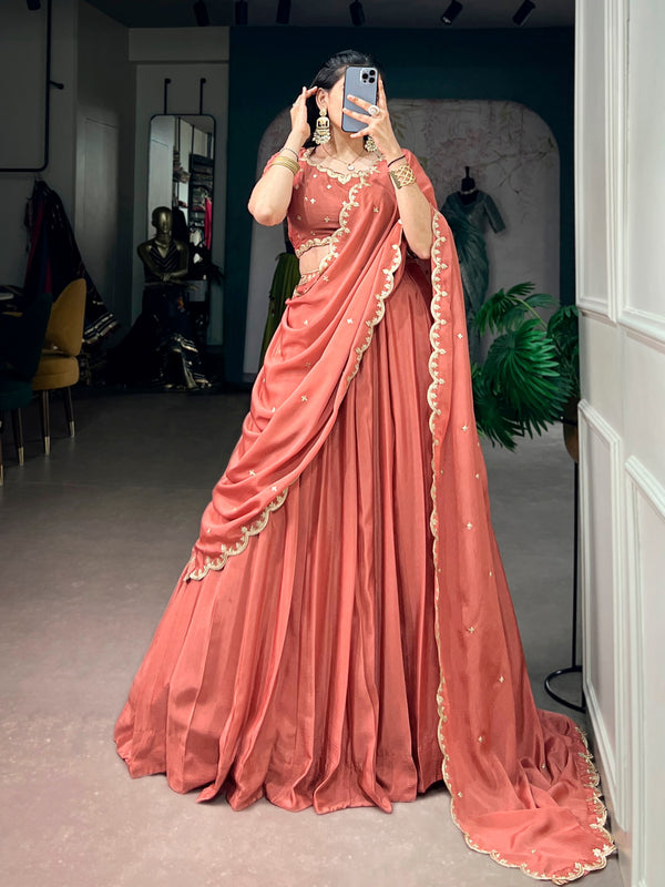 Peach Embroidered Chinon Lehenga Choli Set with Scalloped Dupatta