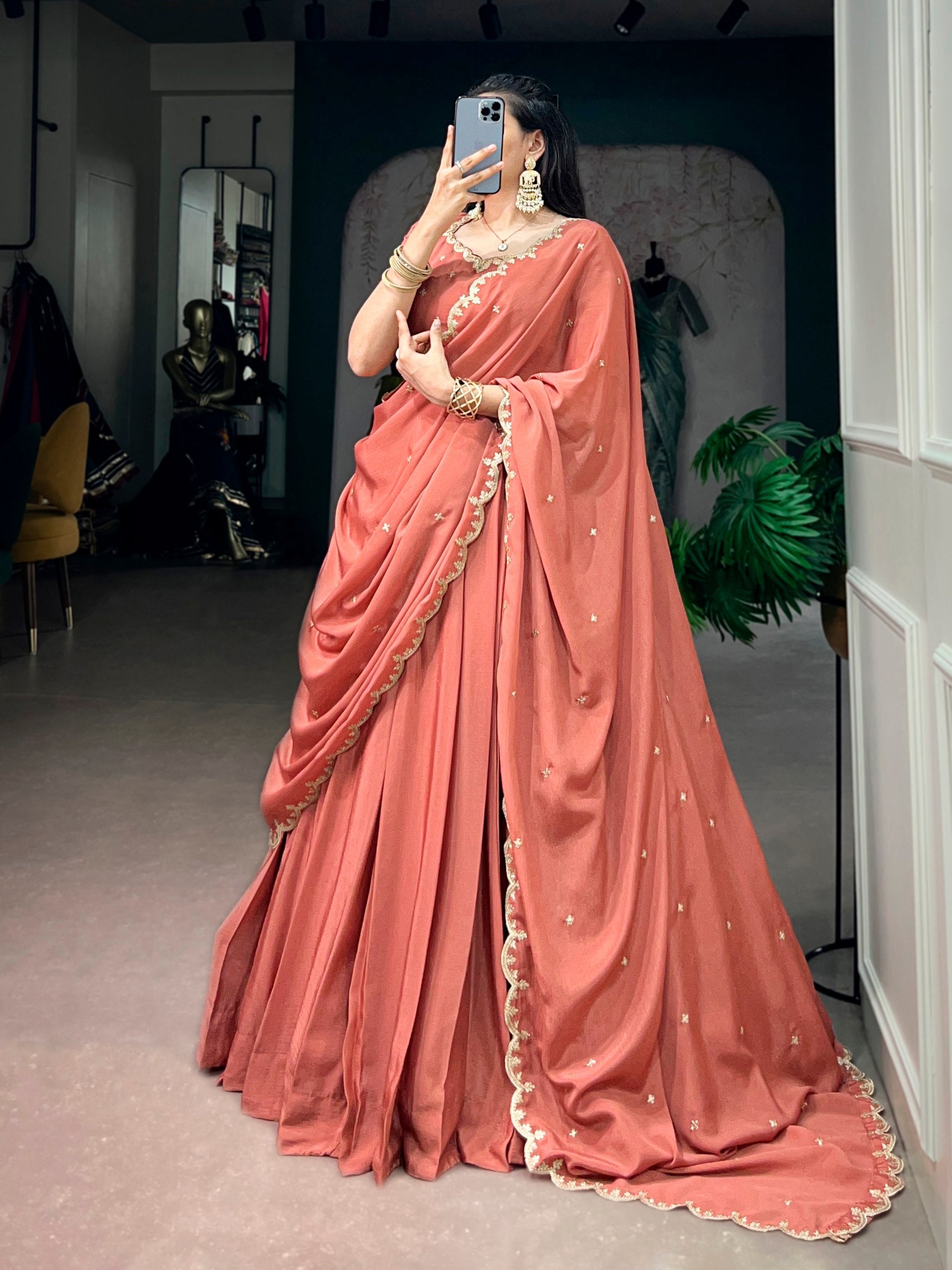 Peach Embroidered Chinon Lehenga Choli Set with Scalloped Dupatta