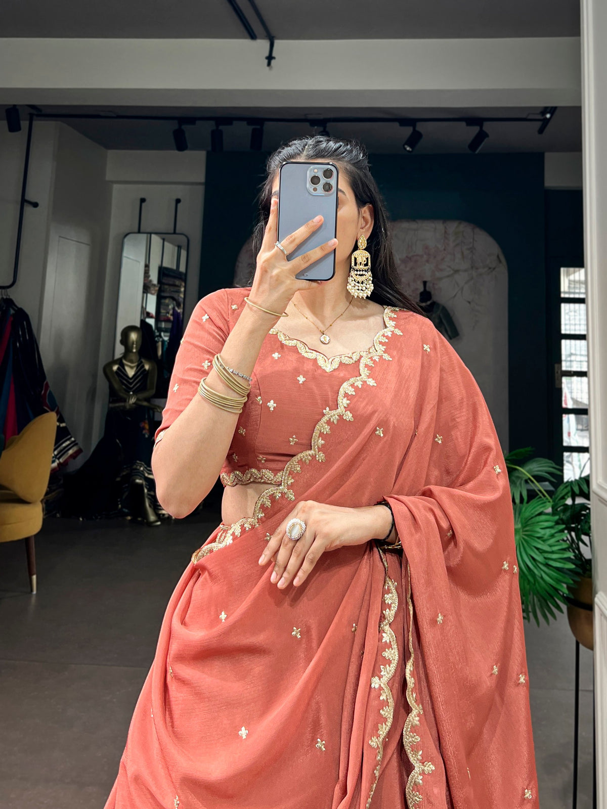 Peach Embroidered Chinon Lehenga Choli Set with Scalloped Dupatta