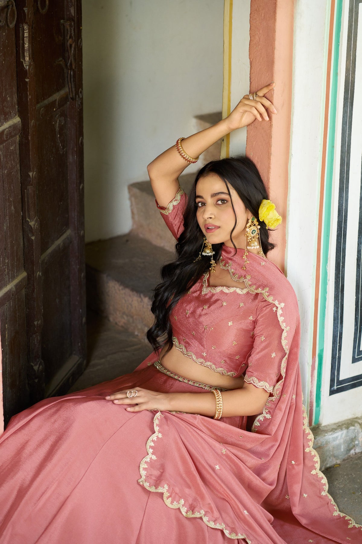 Peach Sequin Embroidered Chinon Lehenga Choli Set