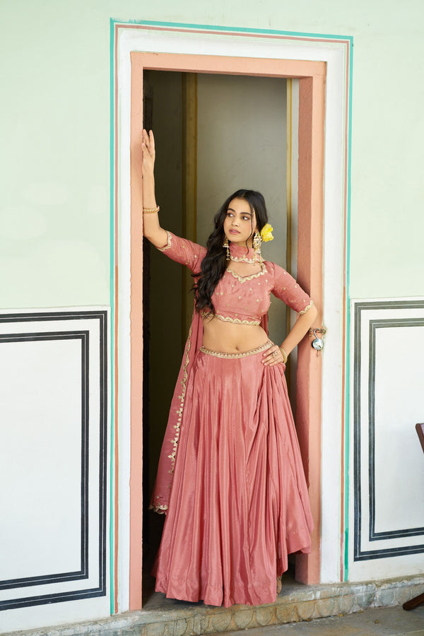 Peach Sequin Embroidered Chinon Lehenga Choli Set