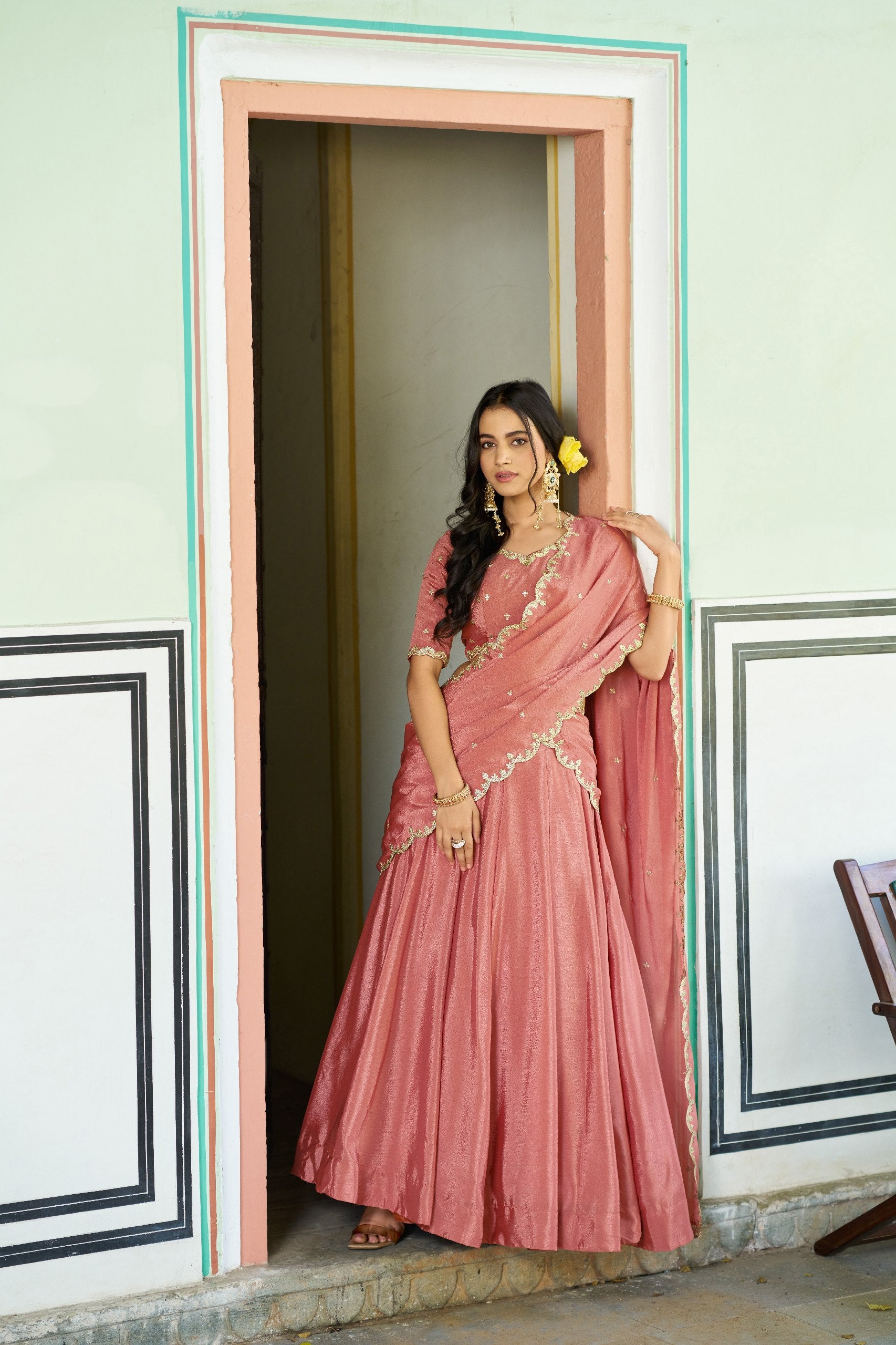 Peach Sequin Embroidered Chinon Lehenga Choli Set