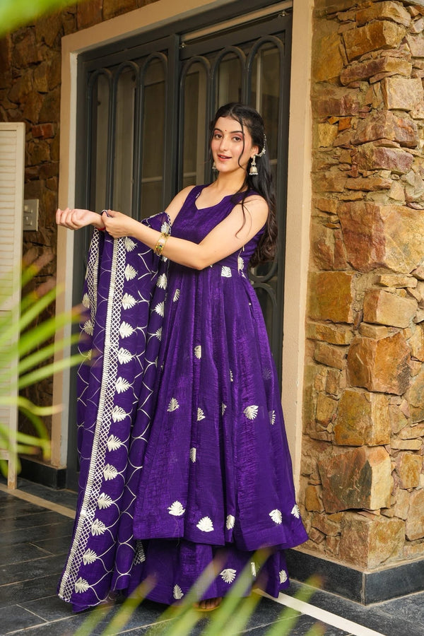 Fendy Silk Embroidered Gown with Plazzo & Dupatta